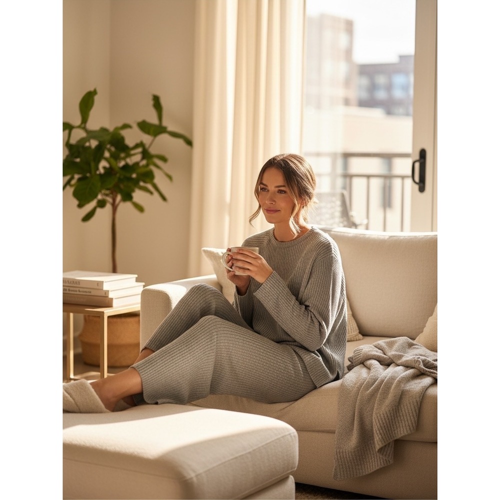 C.O.Z.Y. Ribbed Knit Lounge Set Women Medium Gray 2 Piece Wide Leg Long Sleeve